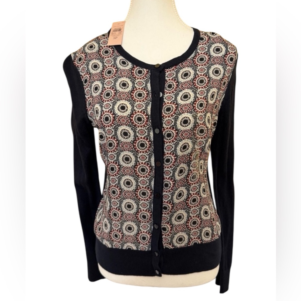 Ann Taylor Black and Cream Geometric Cardigan